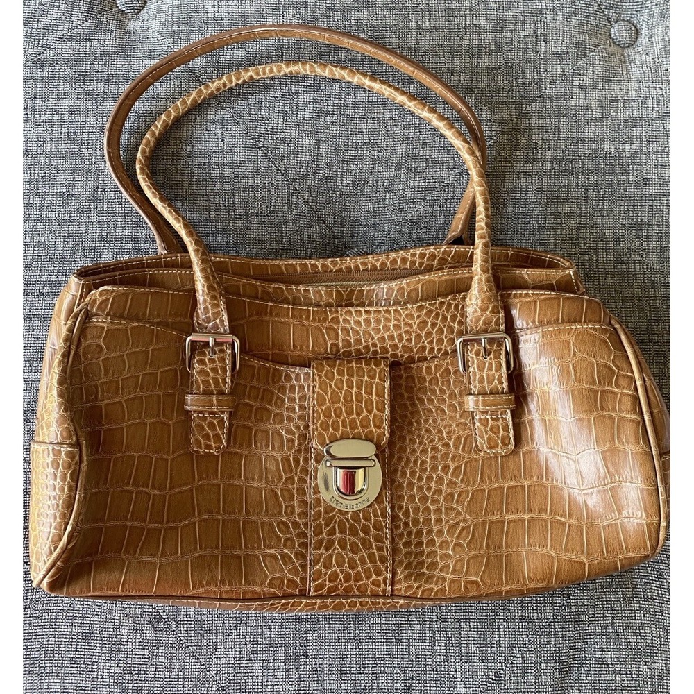 Liz Claiborne Faux Leather Snakeskin Purse Handbag Brown Silver Hardware